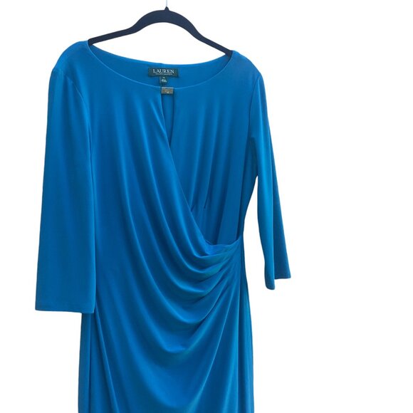 Lauren Ralph Lauren Blue Faux Wrap 3/4 Sleeve Dress Size 10 - Picture 3 of 5